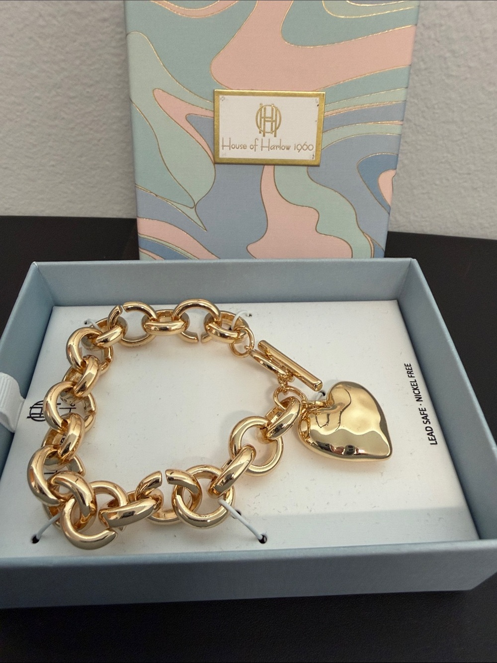 House of Harlow 1960 | Gold Chunky Link Toggle Bracelet w/ Heart Charm - Picture 8 of 9